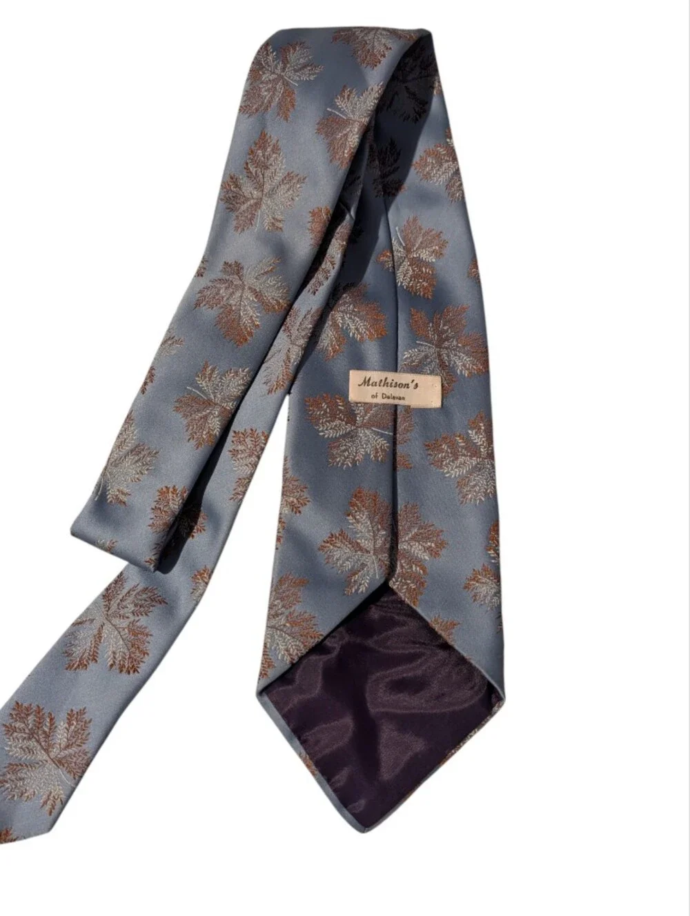 70s Vintage Blue Brown Embroidered Leaf Design Men's Tie